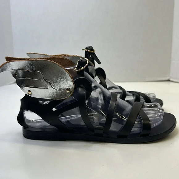 Ancient Greek Sandals Nephele Winged Open Toe Shoes Leather Black Silver Size 7 - Picture 3 of 13